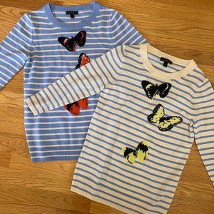 J.CREW Lot of Two (2) Monarch Tippi Striped Butterfly Merino Wool sweaters Sz XS